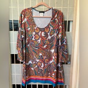 Slinky brand tunic, size Xl, bright Paisley 3/4 sleeves split hem,, slinky mate